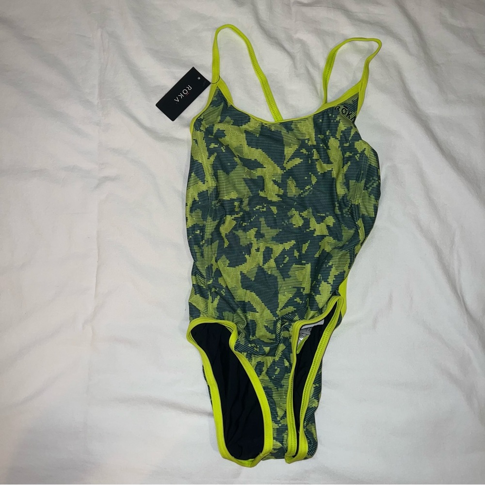 Roka Women’s Elite Strap Back Print Shatter Acid Lime One Piece - 32 (S)